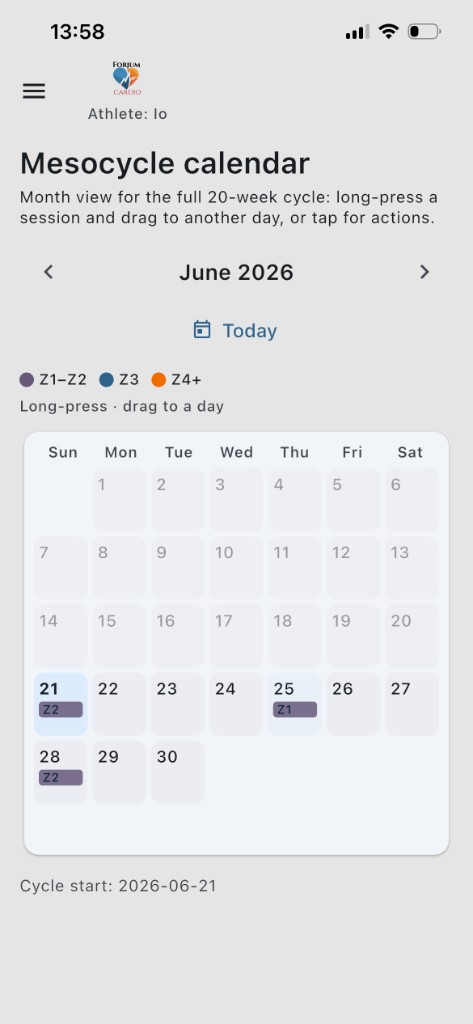 Forjum Cardio mesocycle calendar on iPhone